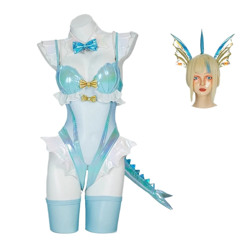 Anime Cosplay Bodysuit - 2025 Mavi Beyaz Tüylü Kalp Desenli